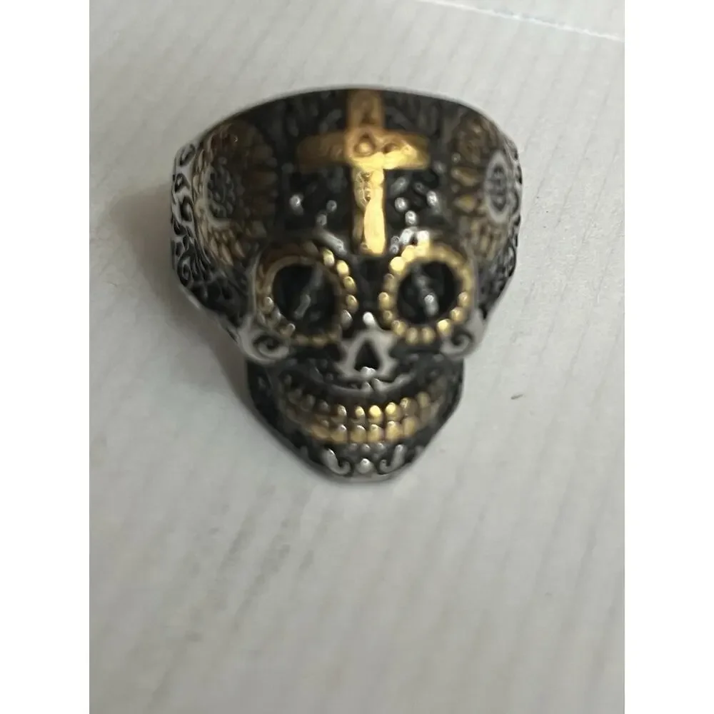 316L Stainless Steel Sugar Skull Ring Cross Gothic Biker Men’s Size 11